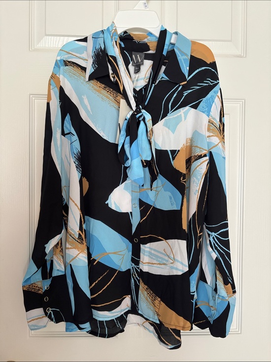 Worthington Tops - Worthington Black/Blue Button-Down Tie-Neck Blouse